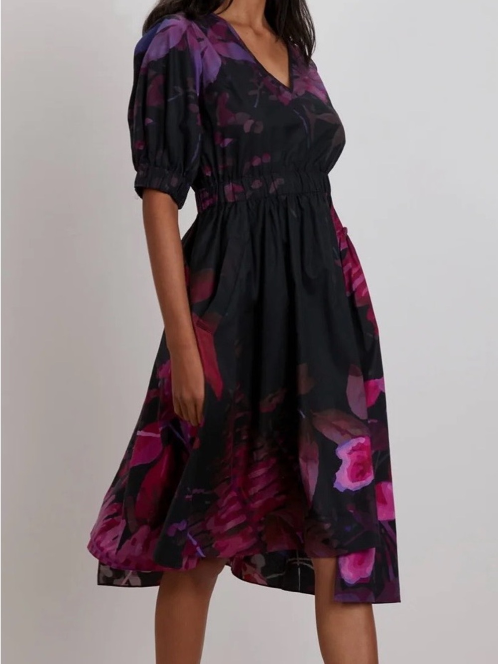 The Kit Sophia Dress Black Floral Print V-Neck Midi Dress -Pink & Purple Accents